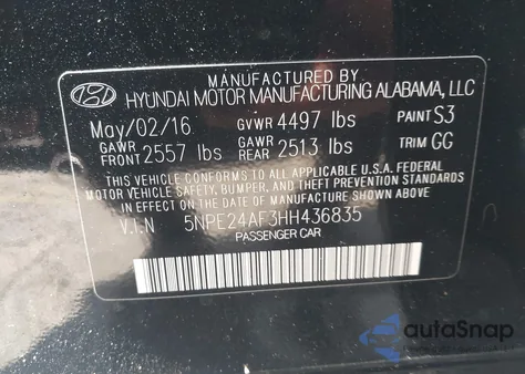 2017 Hyundai Sonata Se z USA, uszkodzony, nr VIN 5NPE24AF3HH436835